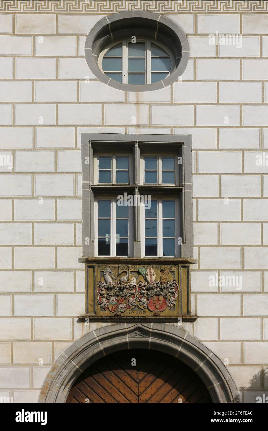 Bündniswappen von Graf Rudolf VI. Von Helfenstein und Anna Maria von Staufen auf Schloss Helfenstein, Elefant, Wappentier, Wiesensteig Stockfoto