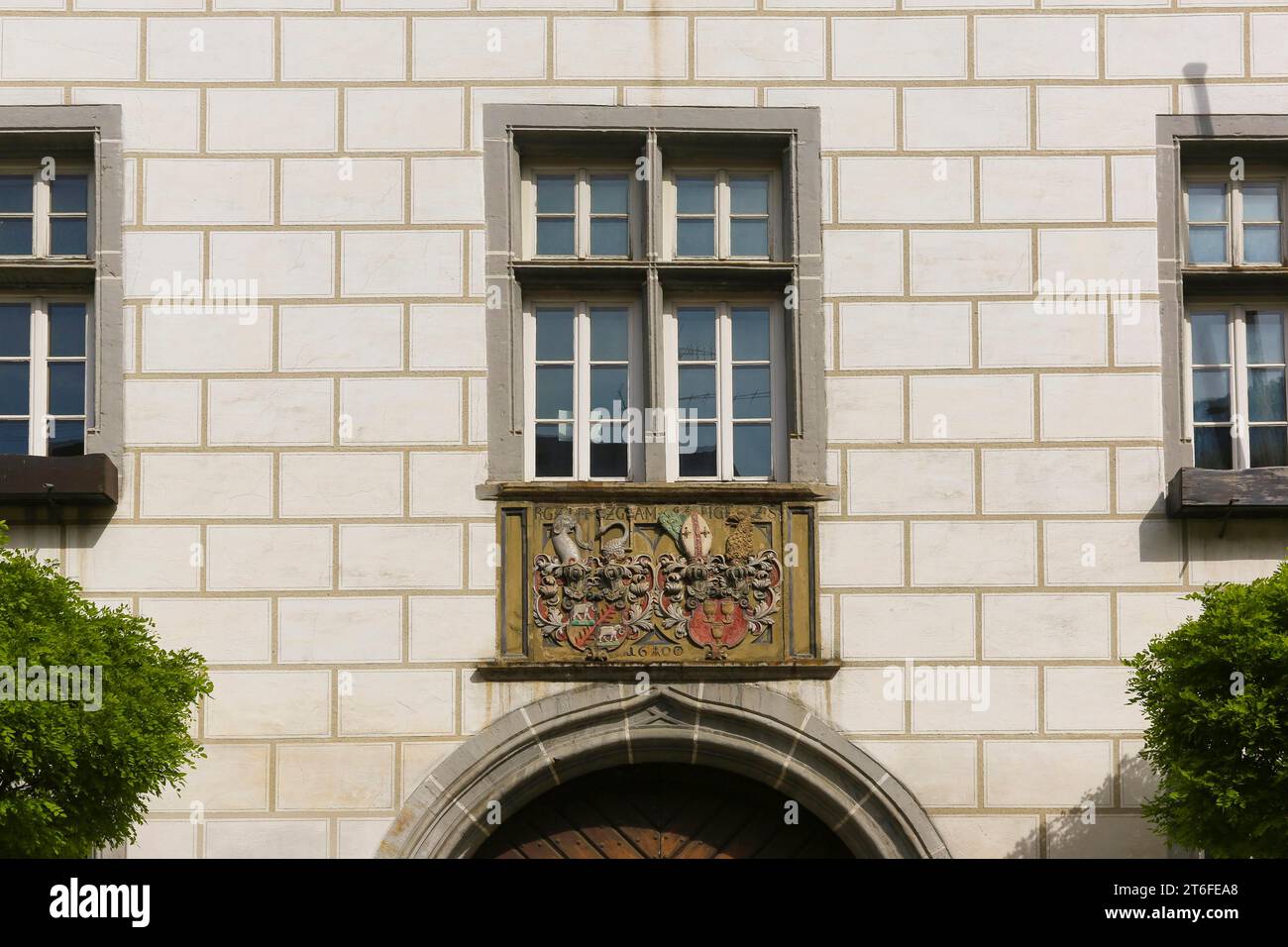 Bündniswappen von Graf Rudolf VI. Von Helfenstein und Anna Maria von Staufen auf Schloss Helfenstein, Elefant, Wappentier, Wiesensteig Stockfoto