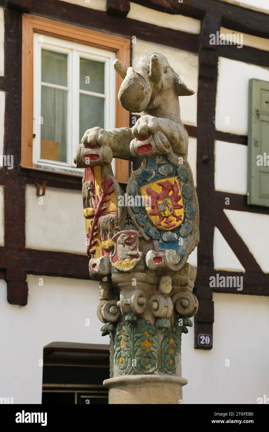 Elefantenbrunnen auf dem Marktplatz, Steinporträt, Elefant, Wappentier, Skulptur, Statue, hinter Fachwerkhaus, Wiesensteig Stockfoto