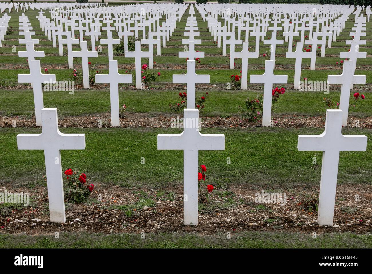 Französischer Militärfriedhof am Ossuaire de Douaumont mit weißen Gräbern und Kreuzen gefallener Soldaten, Verdun, Departement Mause, Grand Est, Frankreich Stockfoto