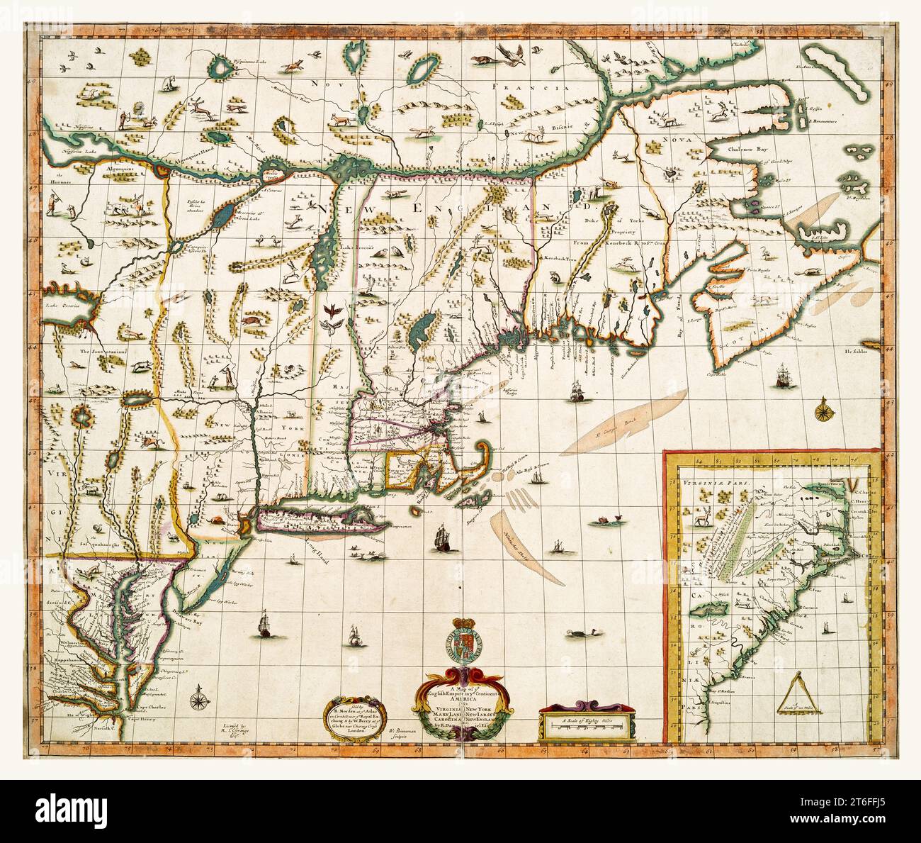 Alte Karte des amerikanischen englischen Reiches. Von D. Robert, Publ. In London, 1679 Stockfoto