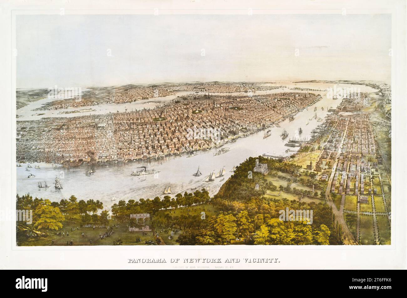 Alte Luftaufnahme von New York und Umgebung. Von John Bachmann, publ. In New York, 1866 Stockfoto