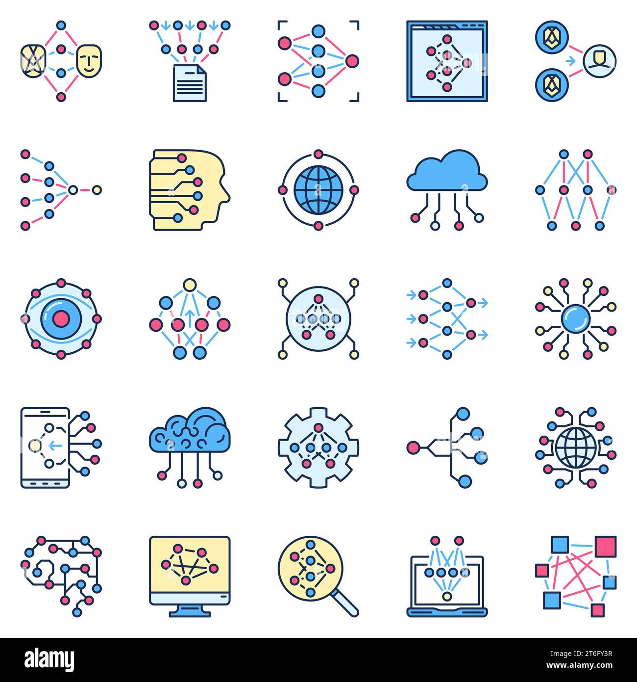 Farbige Symbole für künstliches neuronales Netzwerk. KI- und Deep Learning-Vektor-kreative Zeichen. Symbole für zukünftige Technologien Stock Vektor
