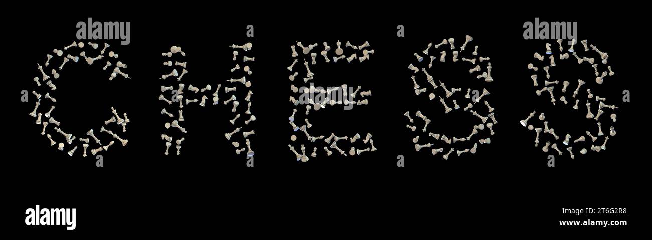 Das Wort SCHACH besteht ausschließlich aus Schachfiguren, einschließlich Schachfiguren, Türmen, Rittern, Bischöfen, und die Königs- und Königsstücke isoliert auf schwarzem Hintergrund, 3D Stockfoto