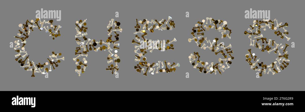 Das Wort SCHACH besteht ausschließlich aus Schachfiguren, einschließlich Schachfiguren, Türmen, Rittern, Bischöfen, und die Königs- und Königsstücke isoliert auf grauem Hintergrund, 3D Stockfoto
