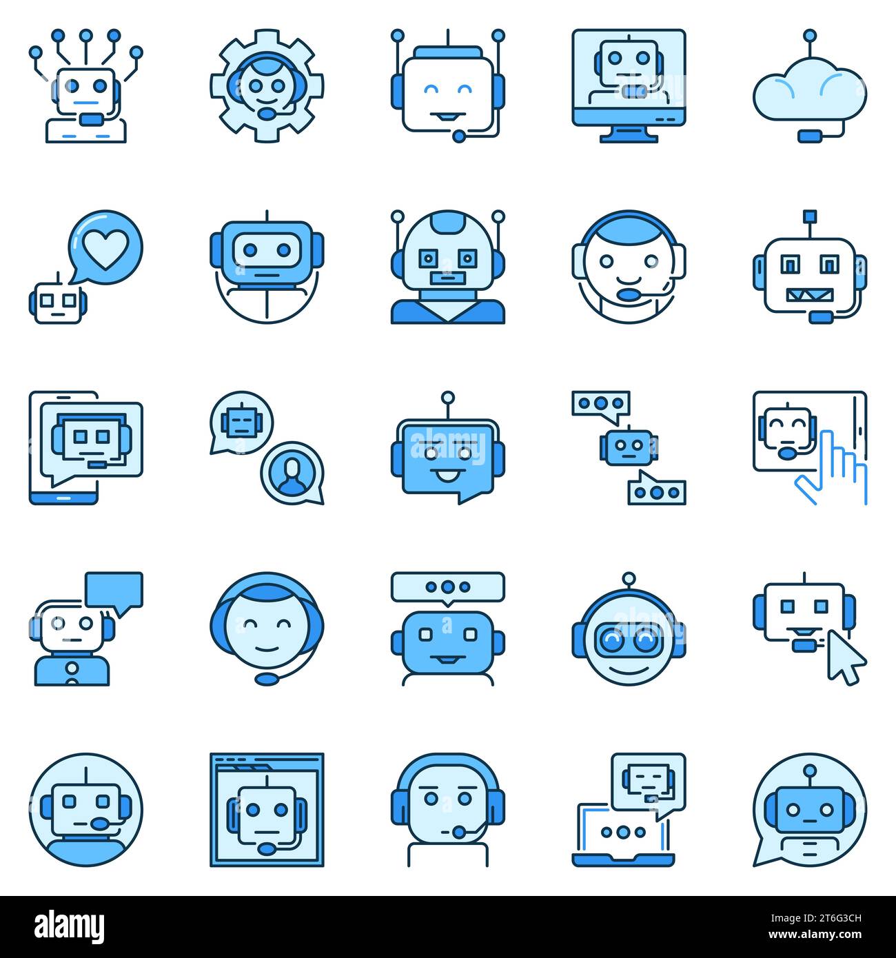 Blaue Chatbot-Symbole gesetzt. AI Cute Chatbots Robots Concept Creative Signs Kollektion. Symbole für Chat Bot Heads Stock Vektor