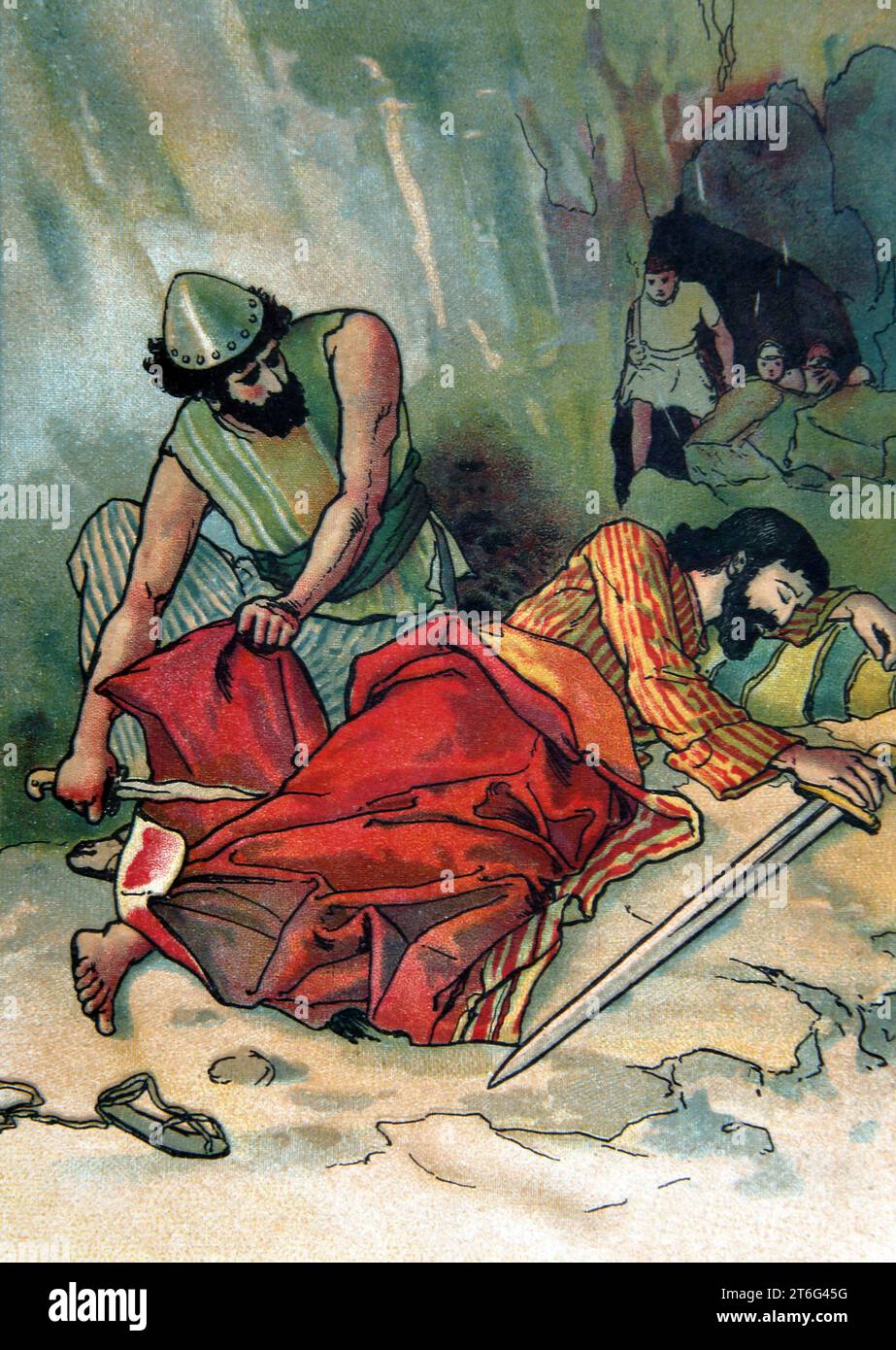 Illustration von David, der ein Stück von König Sauls Gewand abschneidet, während er in einer Höhle schlief aus dem Kinderbuch die Geschichte Davids (1 Samuel 24,4) Stockfoto