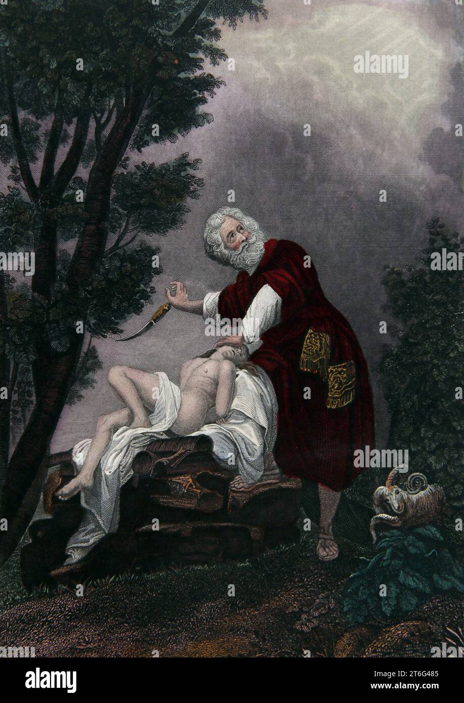 Illustration des Prozesses über Abrahams Glauben - Abraham bietet Isaak aus der selbstinterpretierenden Familienbibel an Stockfoto