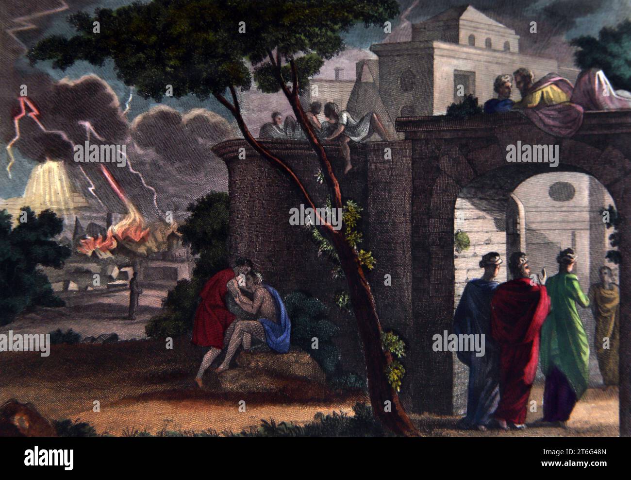Illustration von Loses Eintritt in Zoar mit seinen Töchtern und der Zerstörung von Sodom und Gomorra (Genesis) aus der selbstinterpretierenden Familienbibel Stockfoto