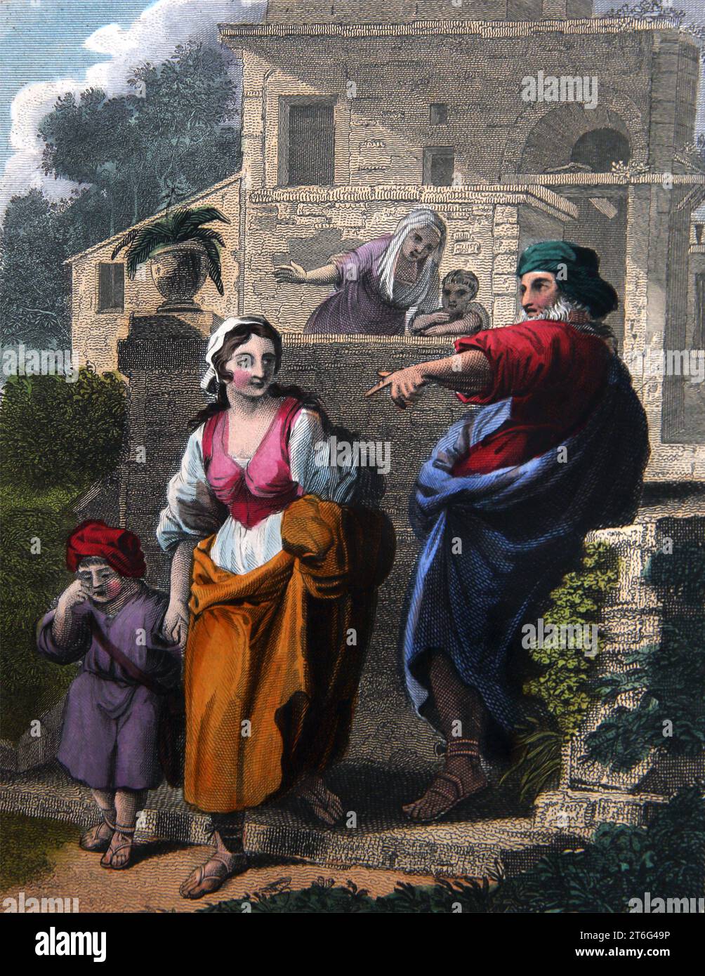 Abbildung von Abraham, der Hagar und seinen Sohn Ishmael aufgibt, während seine Frau Sarah und sein Sohn Isaac (Genesis) aus der selbstinterpretierenden Familie Bib schauen Stockfoto