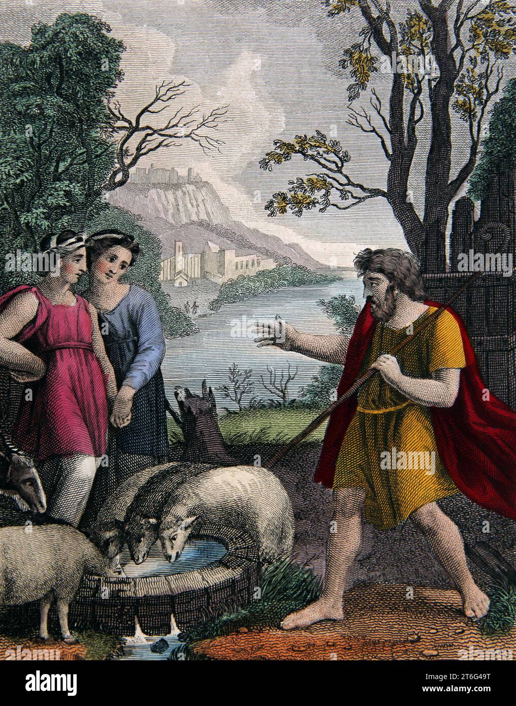 Illustration von Jacob, der Shepherd Rachel am Brunnen von Haran trifft (Genesis) aus der selbstinterpretierenden Familienbibel Stockfoto