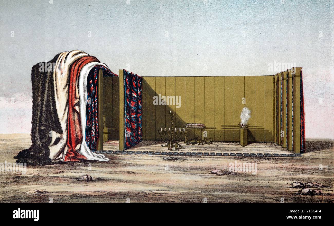 Abbildung der Ansicht des Innenraums des Tabernakels - Bretter der Südseite teilweise entfernt und Abdeckungen und Vorhänge zurückgerollt, um zu zeigen Stockfoto