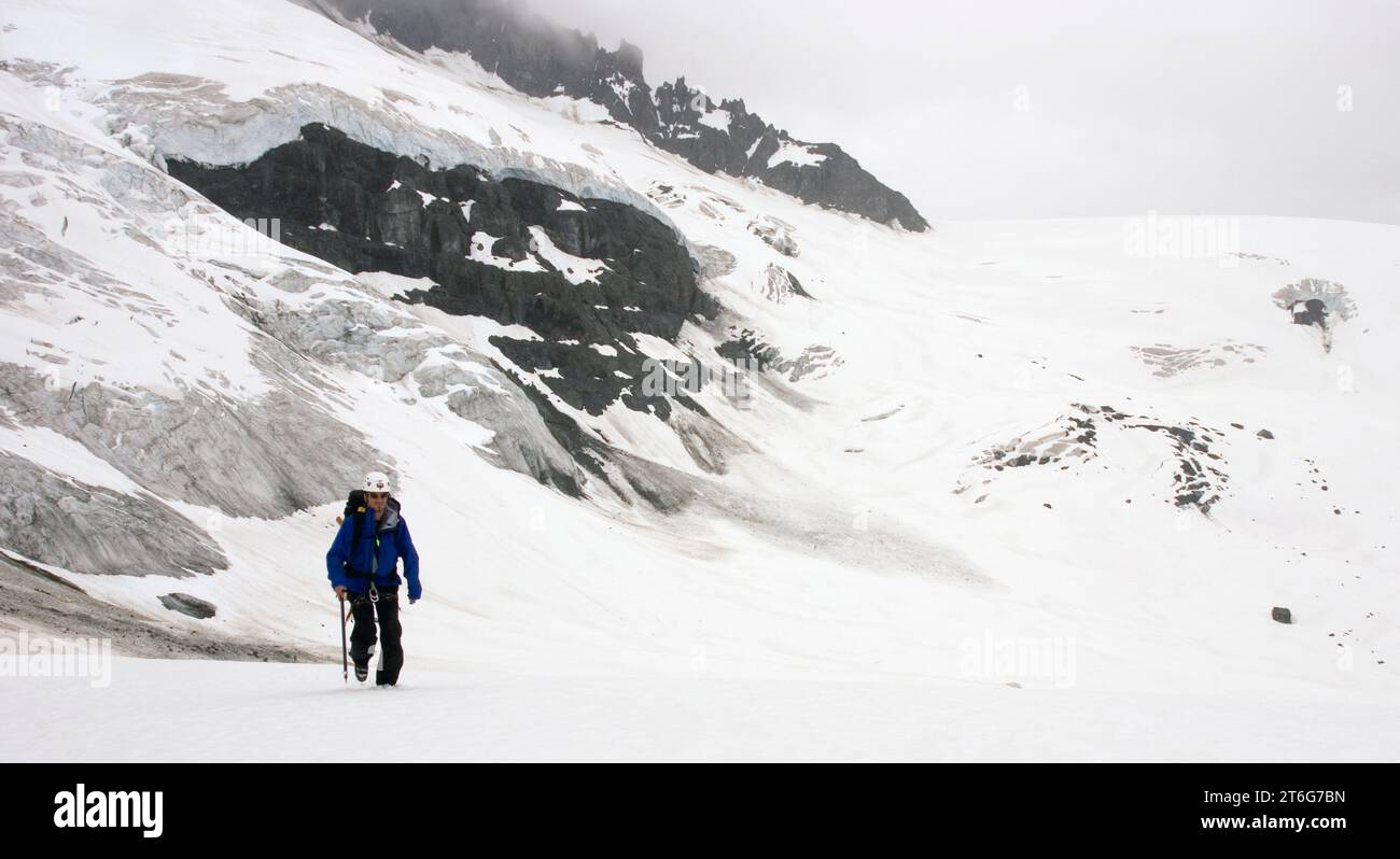 Ein Geologe klettert auf den Frobisher-Gletscher, Tatshenshini-Alsek Provincial Park, British Columbia. Stockfoto