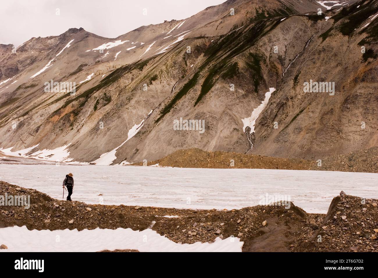 Ein Geologe wandert eine Moräne hinunter, den Jarvis-Gletscher, Tatshenshini-Alsek Provincial Park, British Columbia, Kanada. Stockfoto