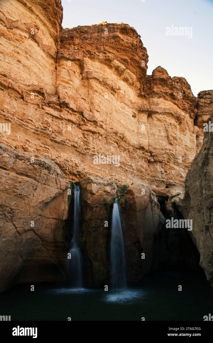 Kalksteinschlucht mit Wasserfällen in der Nähe von Chebika. Stockfoto