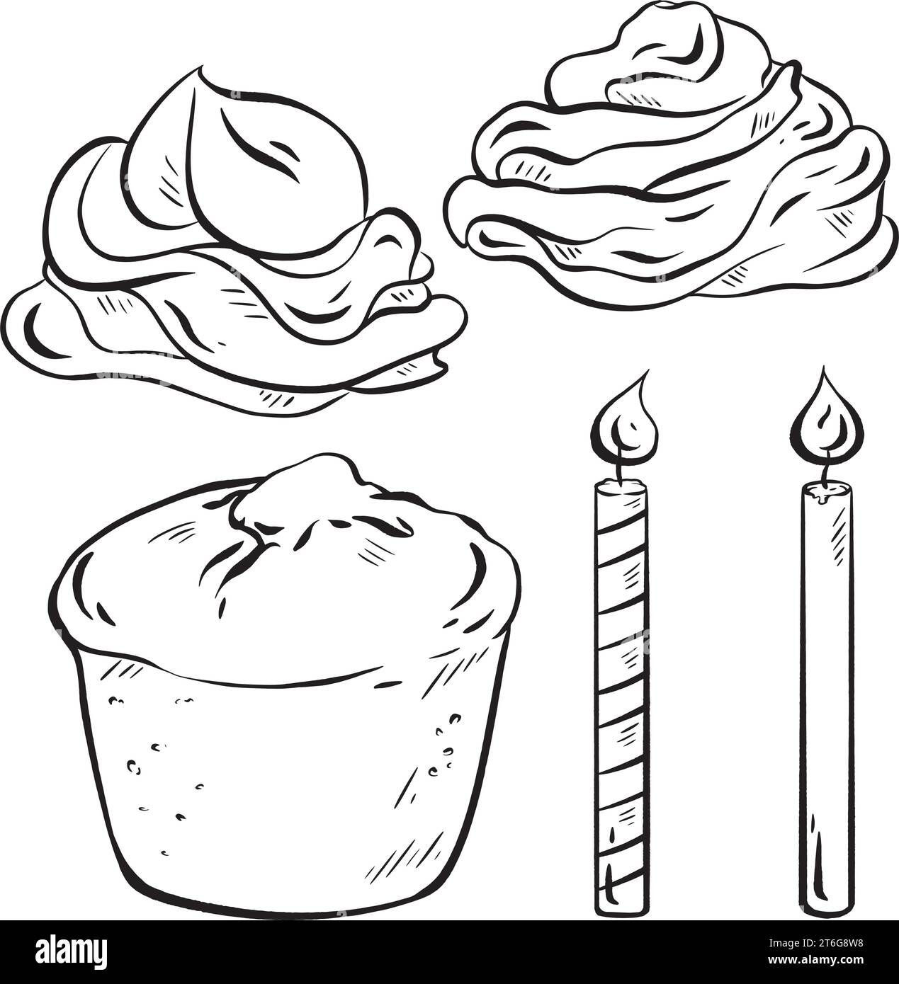 Handgezeichnete Vektorskizze. Geburtstagsmuffinbauer. Schwammbasis, Creme-Wirbel oben. Feiern Sie mit Kerzen. Wünschen Sie sich und blasen Sie die Kerze aus Stock Vektor