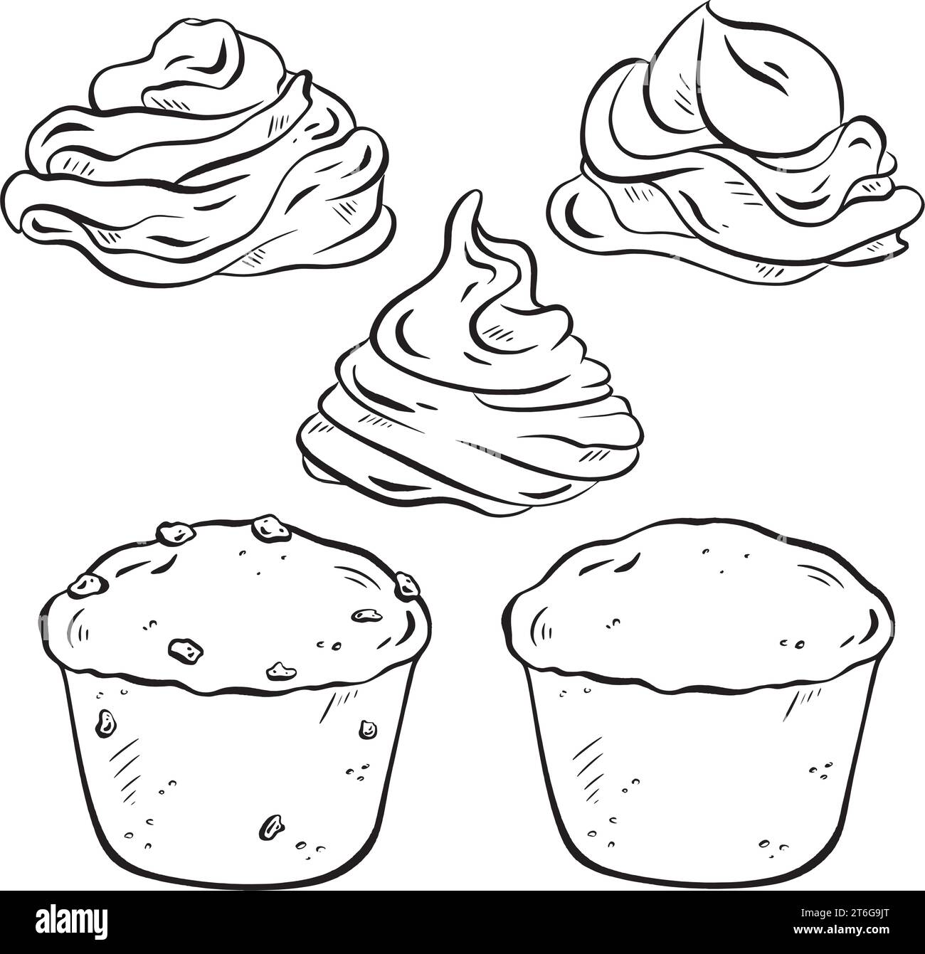 Handgezeichnete Vektorskizze. Muffin Builder. Verschiedene Basen: Einfache Schokoladenchips und Keksbrocken. Verführerische Creme drauf. Entwirf dein eigenes Set für zu Hause Stock Vektor