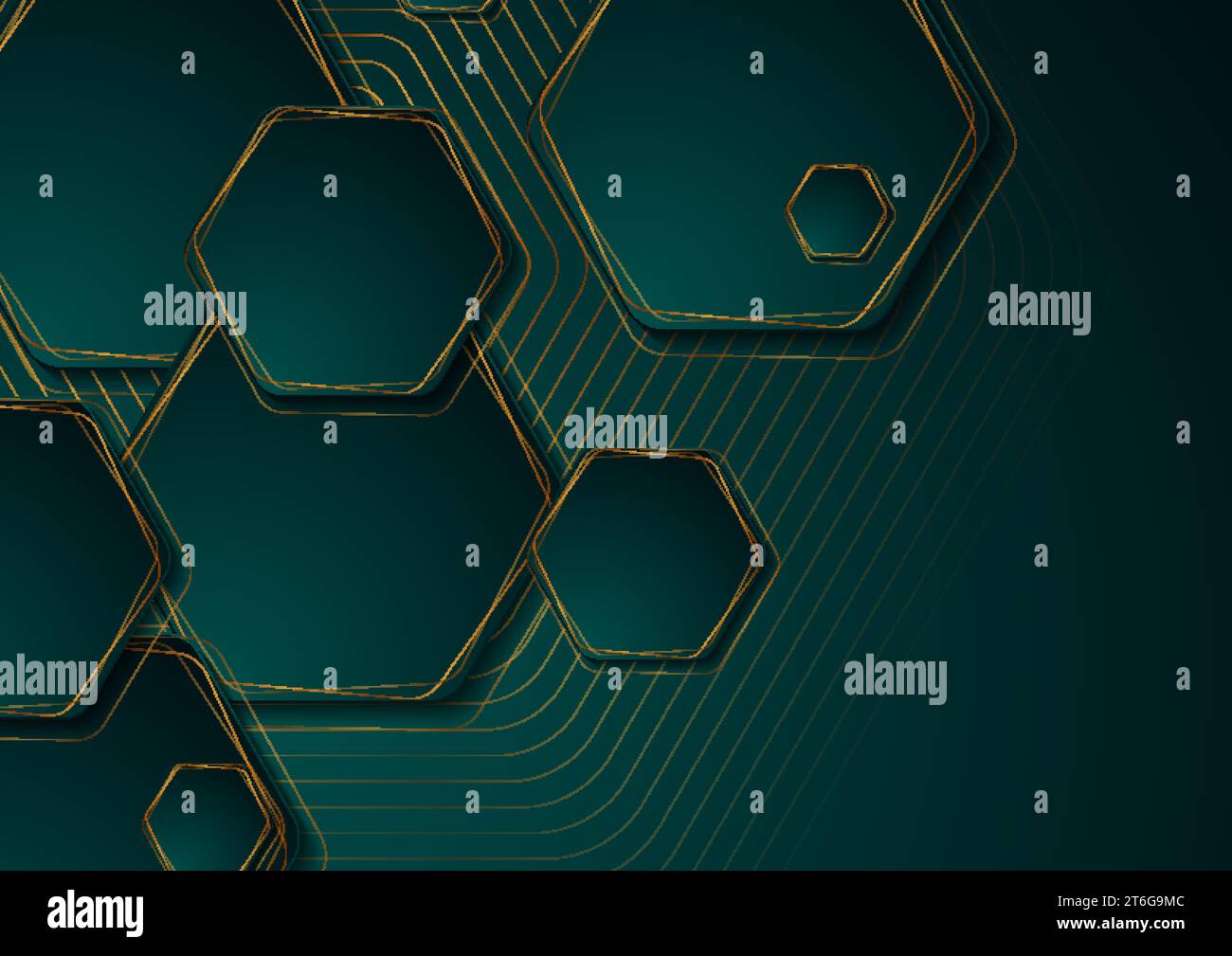 Türkisfarbener und goldener abstrakter geometrischer Hintergrund mit Sechsecken. Technologie-Vektordesign Stock Vektor