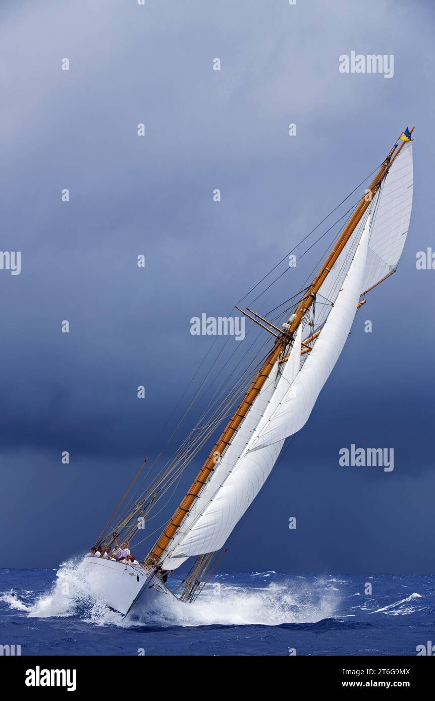 Segelyacht-Rennen in der Antigua Classic Yacht Regatta, Antigua, British West Indies. Stockfoto