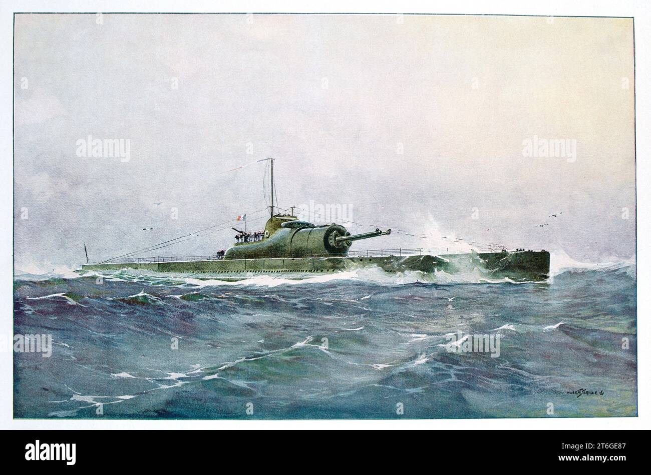 Französisches U-Boot 'Surcouf', 20. Jahrhundert. Das 1934 ins Leben gerufene „Surcouf“ war das größte U-Boot der Welt bei Ausbruch des Zweiten Weltkriegs Nach der Niederlage Frankreichs gegen Deutschland 1940 wurde sie von den Briten gefangen genommen und zur Freien französischen Marine überstellt. Der Surcouf wurde am 18. Februar 1942 mit allen Händen versenkt. Es wurde berichtet, dass sie mit einem amerikanischen Frachter kollidierte, aber eine spätere französische Untersuchung ergab, dass sie von US-Flugzeugen bei einem freundlichen Brand versenkt wurde. Stockfoto