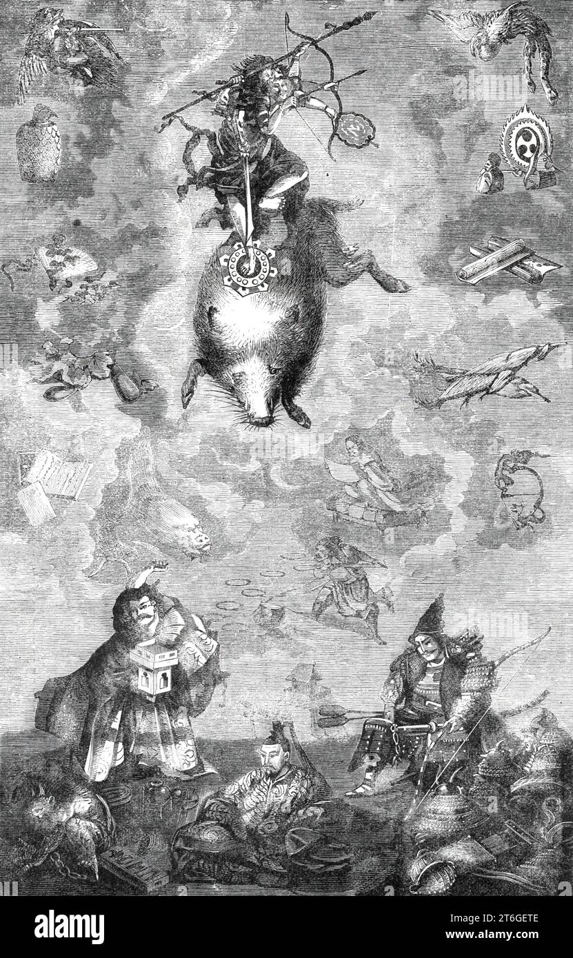Götter der alten japanischen Mythologie: Der Kriegsgott Maris, der auf dem Heiligen Eber absteigt, 1860. Die geflügelte Figur links ist Foo, und [die geflügelte Figur] rechts Tenyu... [Wer] repräsentiert den japanischen Quecksilber, oder "Herald der Götter". Das Land darunter ist das Land Nippon mit seinen feurigen Bergen, seinen fruchtbaren Tälern und seinen zahlreichen Flüssen. und die Persönlichkeiten im Vordergrund sind zehn-tsi-zehn-woo, der 39. Mikado, der in Japan in der zweiten Hälfte des siebten Jahrhunderts unserer Ära regierte, der Gründer öffentlicher Schulen auf nationaler Kosten für alle Klassen des Volkes, und bauen Stockfoto