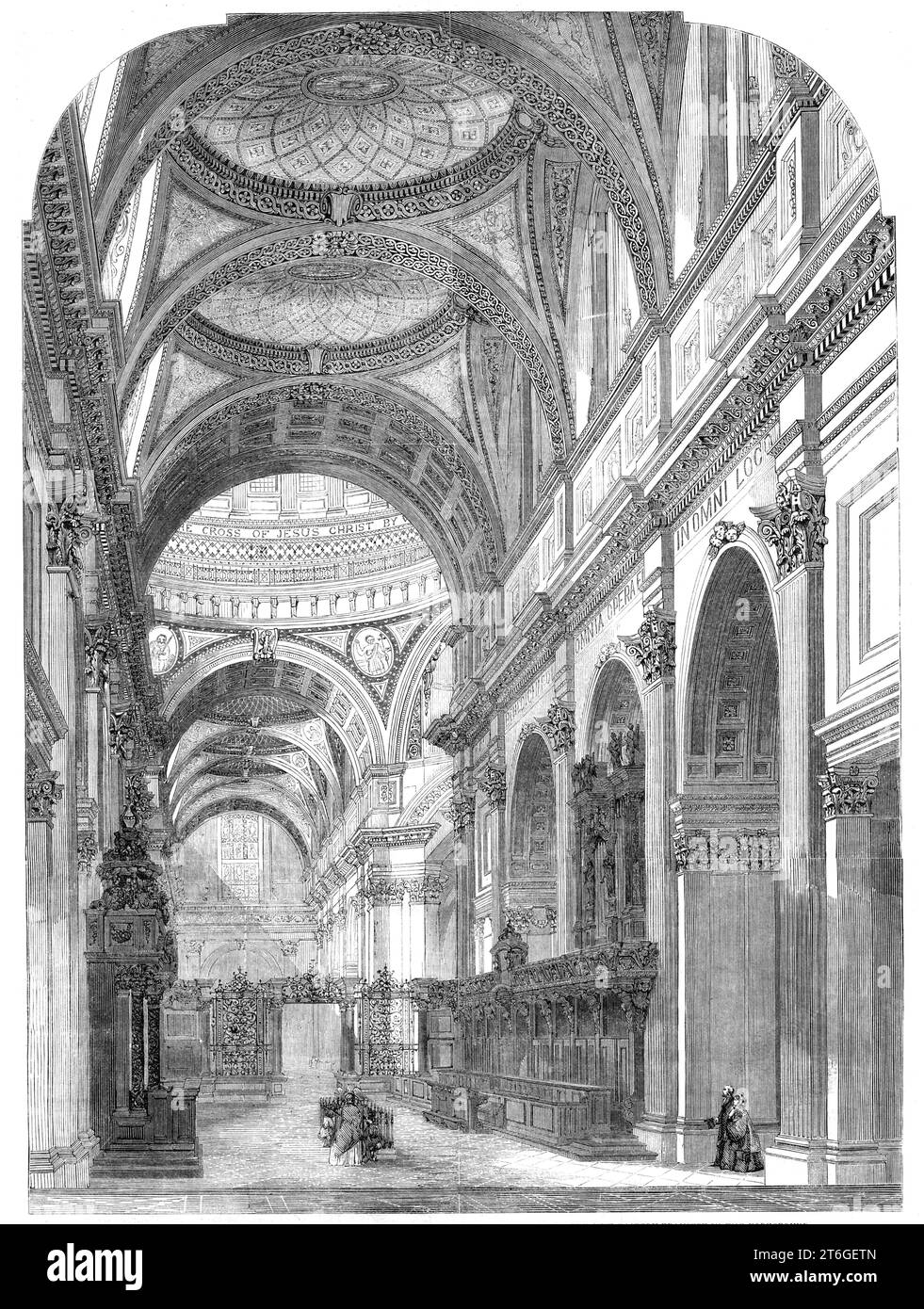 Das Innere von St. Paul's Cathedral, die die vor kurzem vorgenommenen Verbesserungen zeigt, mit dem neuen östlichen Querschiff im Vordergrund, 1860. "Sir Christopher Wren hatte nie die Absicht, die Länge der Kirche durch die Orgel zu unterteilen, die bis vor kurzem das Zentrum besetzte, aber er wurde von den Autoritäten seiner Zeit überwunden und die Wirkung seines Innenraums wurde fast verdorben. Der gegenwärtige Dekan und das heutige Kapitel haben es jedoch erlaubt, sein Urteil durchzusetzen, und die Orgel wurde zur Nordseite entfernt... die solide und düstere Leinwand, die die Orgel stützte, wurde weggenommen, und der Chor ist ein Stockfoto