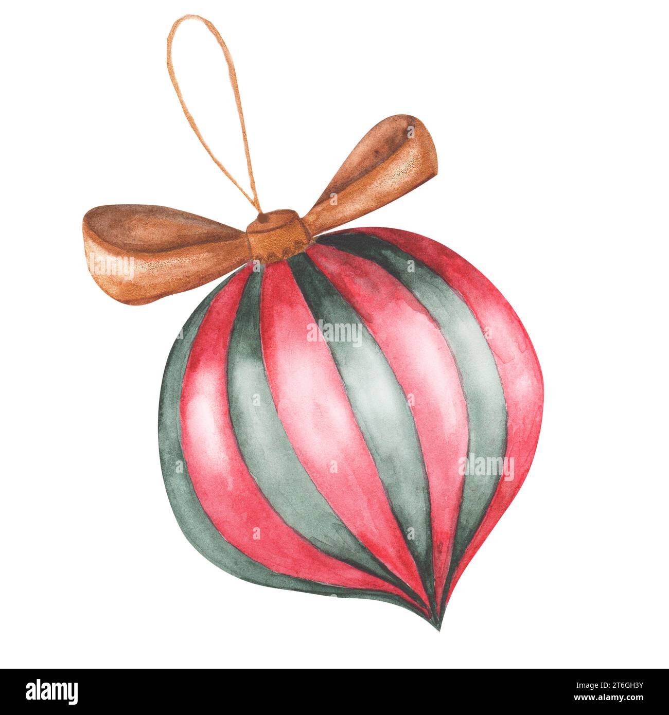 Aquarellzeichnung eines Silvesterspielzeugs auf dem Weihnachtsbaum. Eleganter Ballon im Vintage-Stil mit grünen und roten Streifen und einer goldenen Schleife. Zum Dekorieren von Karten Stockfoto