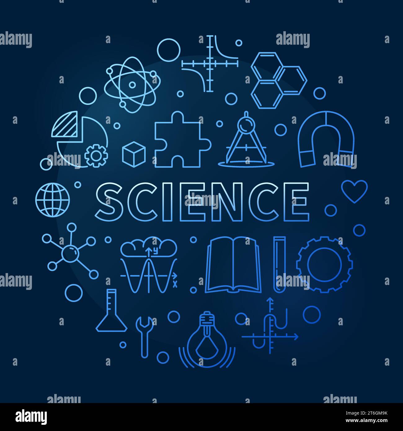Wissenschaft kreisförmiger minimaler Vektor dünne blaue Illustration oder Banner mit dunklem Hintergrund Stock Vektor
