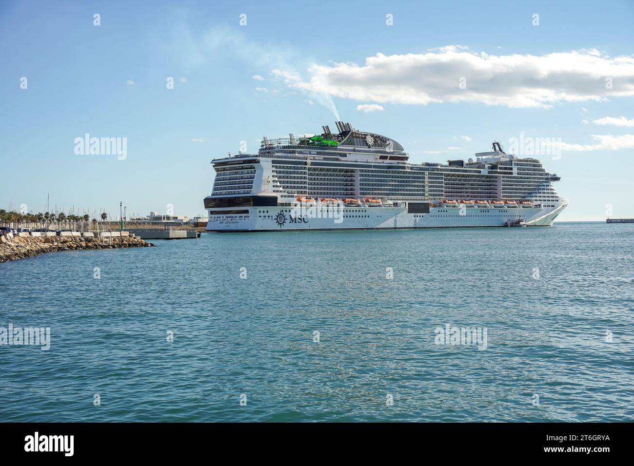 MSC grandiosa Kreuzfahrtschiff, im Hafen von Malaga, Costa del Sol, Spanien. Stockfoto