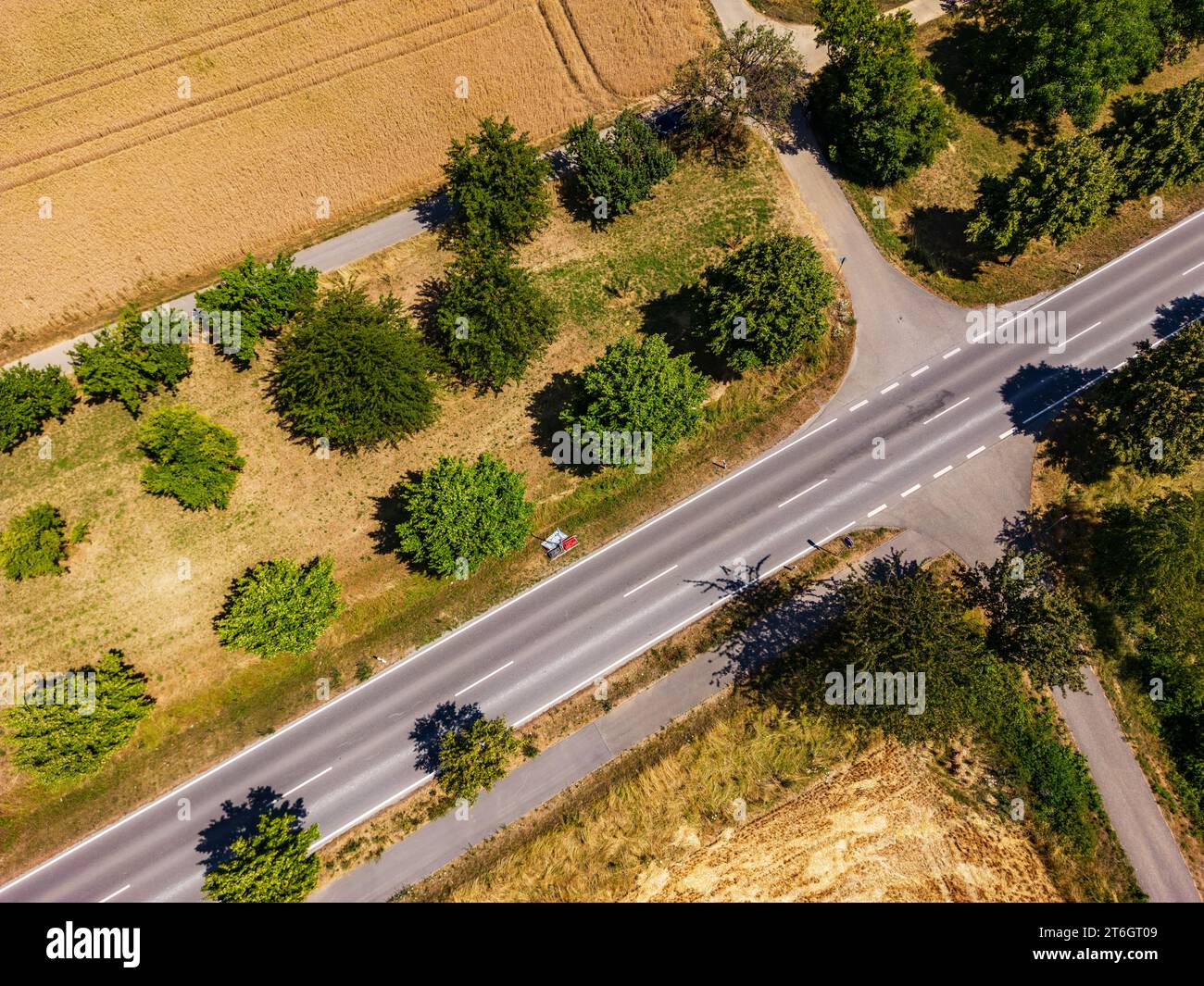 Landstraße mit Radweg neben Feldern mit Bäumen und mehreren unbefestigten Wegen in ländlicher Landschaft Stockfoto