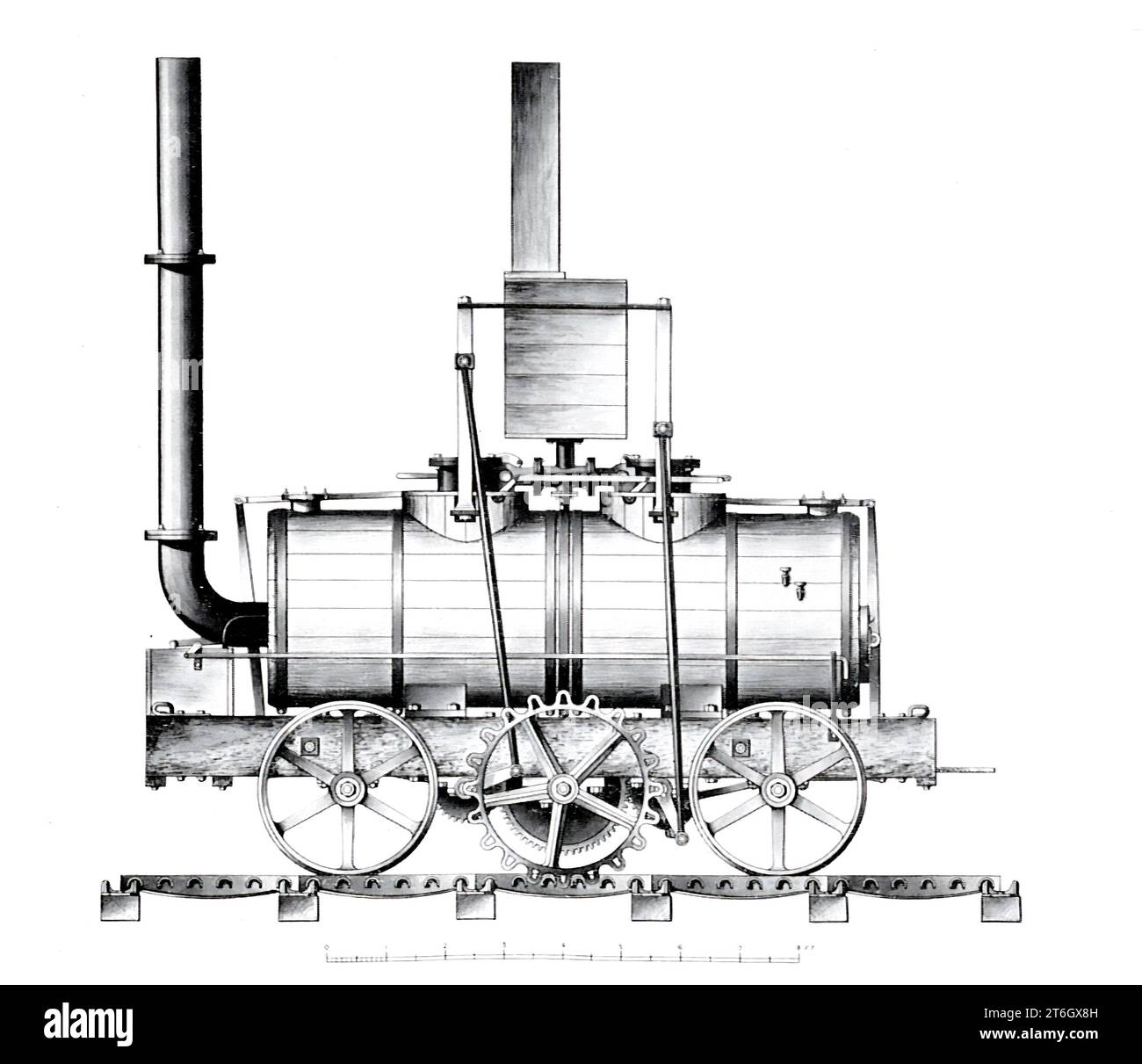 Blenkinsops Zahnradlokomotive John Blenkinsop (1783–22. Januar 1831) war ein englischer Bergbauingenieur und Erfinder von Dampflokomotiven, der die erste praktische Eisenbahnlokomotive aus dem Artikel PIONIERLOKOMOTIVEN IN ENGLAND UND AMERIKA entwarf. Von Alfred Mathews. Vom Engineering Magazine, DAS DEM INDUSTRIELLEN FORTSCHRITT GEWIDMET IST, Band XII. Oktober 1896 bis März 1897 The Engineering Magazine Co Stockfoto