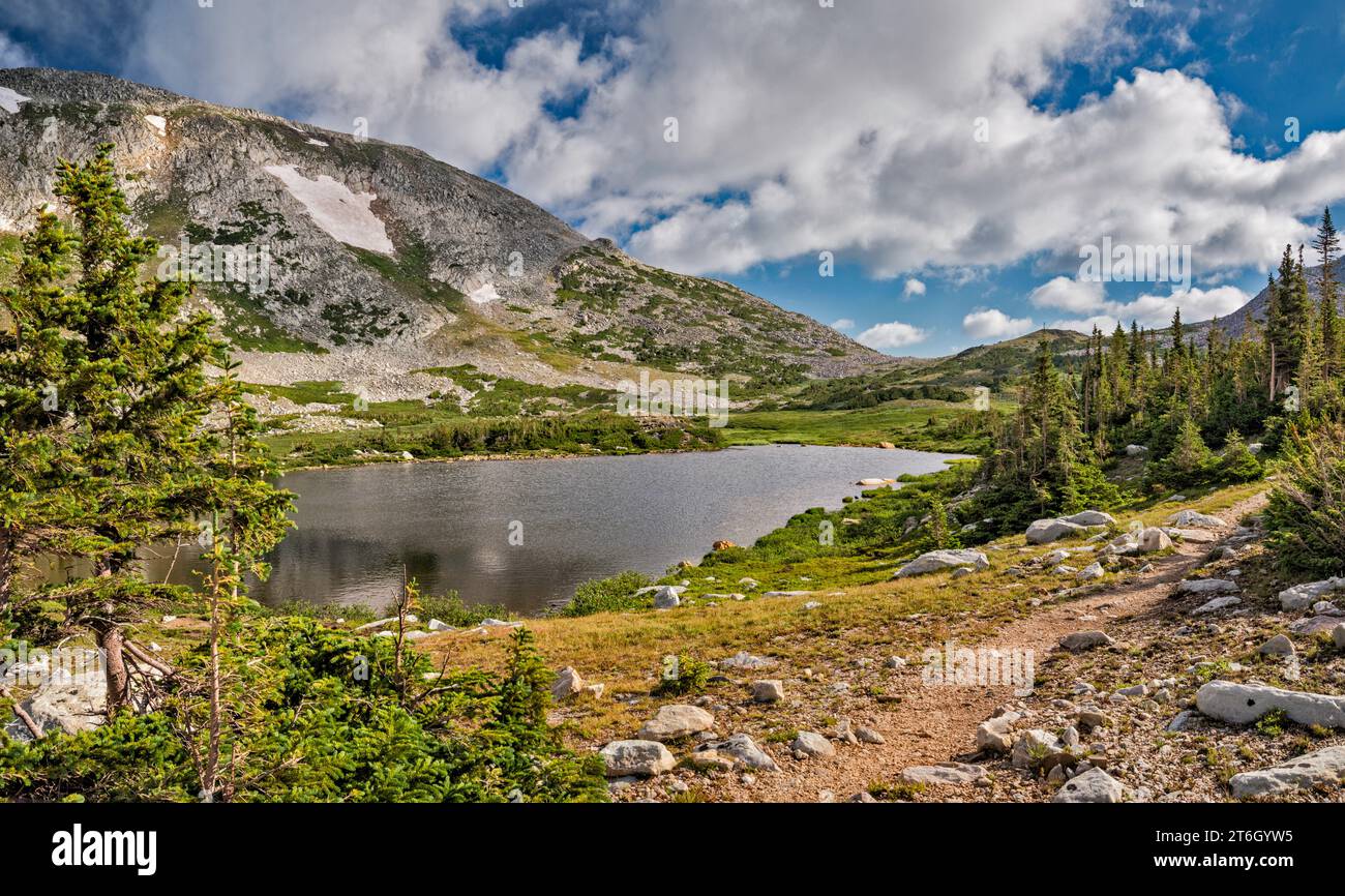 Snowy Range, Medicine Bow Peak über Lookout Lake, Lakes Trail, früh morgens, im Hochsommer, Medicine Bow Mountains, Rocky Mountains, Wyoming, USA Stockfoto