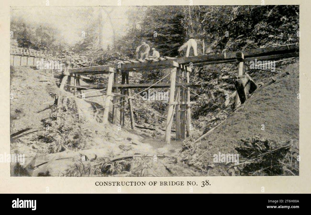 Bau der Brücke Nr. 38 aus dem Artikel EISENBAHNBAU UND MANGANBERGBAU IN KOLUMBIEN. Von Eduardo J. Chibas. Vom Engineering Magazine, DAS DEM INDUSTRIELLEN FORTSCHRITT GEWIDMET IST, Band XII. Oktober 1896 bis März 1897 The Engineering Magazine Co Stockfoto