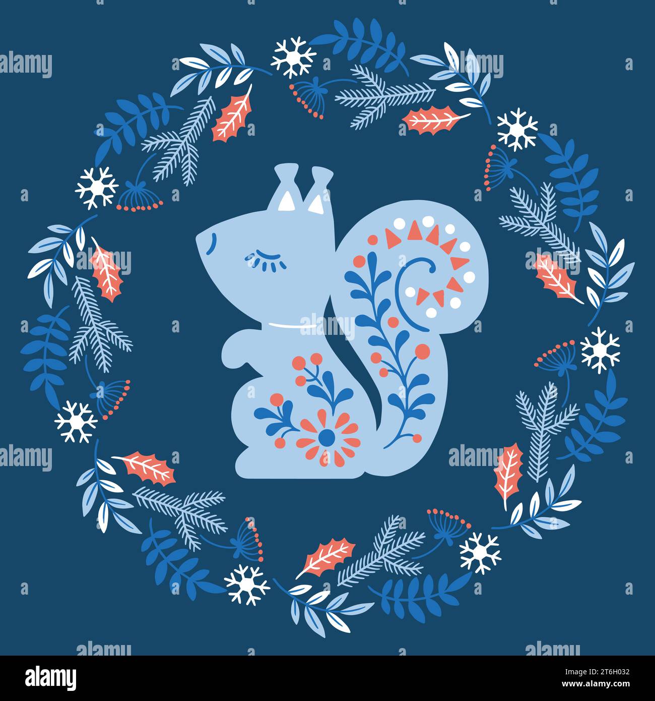 Vektorhandgezeichnete Illustration von Tieren im nordischen Stil Hygge. Eichhörnchen-Silhouette im floralen Kranz im skandinavischen Folk-Stil Stock Vektor