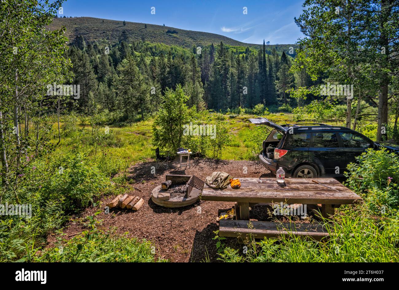 Campingplatz am Allred Flat Campground, über Little White Creek, Salt Canyon in Gannett Hills, in der Nähe von Salt River Pass, Bridger National Forest, Wyoming, USA Stockfoto