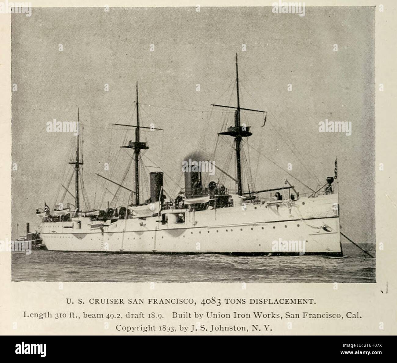 US-KREUZER SAN FRANCISCO, 4083 TONNEN VERDRÄNGUNG Länge 310 Fuß, Träger 49,2, Zug 1S.9. Erbaut von Union Iron Works, San Francisco, CA. Aus dem Artikel PROGRESS AND PROMISE IM AMERIKANISCHEN SCHIFFBAU. Von Lewis Nixon vom Engineering Magazine GEWIDMET DEM INDUSTRIELLEN FORTSCHRITT Band XII Oktober 1896 bis März 1897 The Engineering Magazine Co Stockfoto