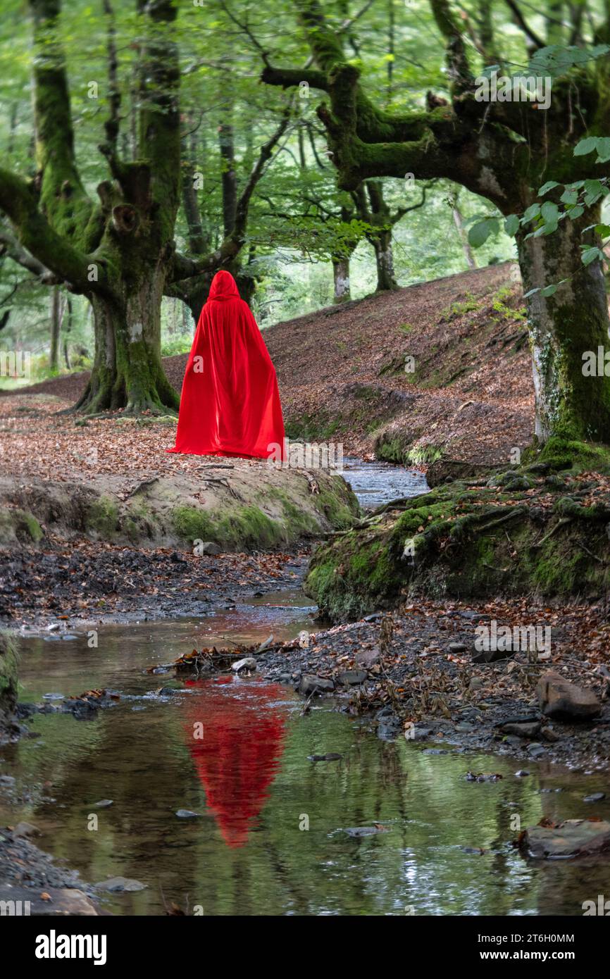 Die Dame in Rot im Bosque del Gorbeia, Spanien Stockfoto