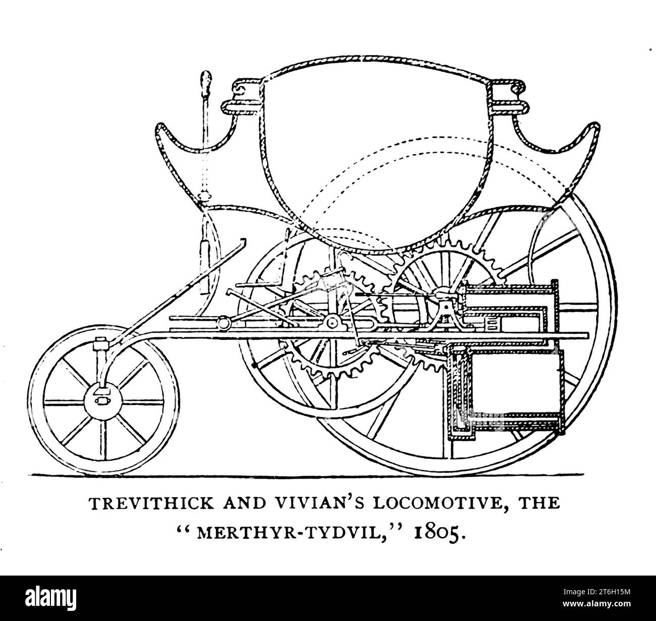 TREVITHICK UND VIVIANS LOKOMOTIVE, DIE MERTHYR-TYDFIL, 1805. Aus dem Artikel PIONIERLOKOMOTIVEN IN ENGLAND UND AMERIKA. Von Alfred Mathews. Vom Engineering Magazine, DAS DEM INDUSTRIELLEN FORTSCHRITT GEWIDMET IST, Band XII. Oktober 1896 bis März 1897 The Engineering Magazine Co Stockfoto