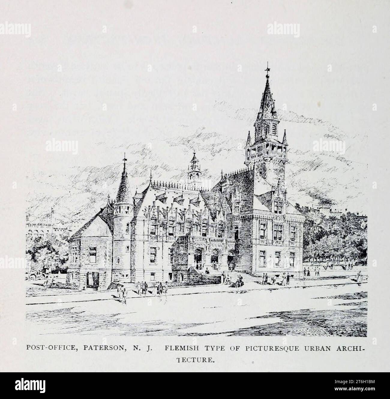 POST-OFFICE, PATERSON, N. J. FLÄMISCHE ART DER MALERISCHEN STADTARCHITEKTUR aus dem Artikel THE ARCHITECTURE OF OUR GOVERNMENT BUILDINGS von William Martin Aiken. Vom Engineering Magazine, DAS DEM INDUSTRIELLEN FORTSCHRITT GEWIDMET IST, Band XII. Oktober 1896 bis März 1897 The Engineering Magazine Co Stockfoto