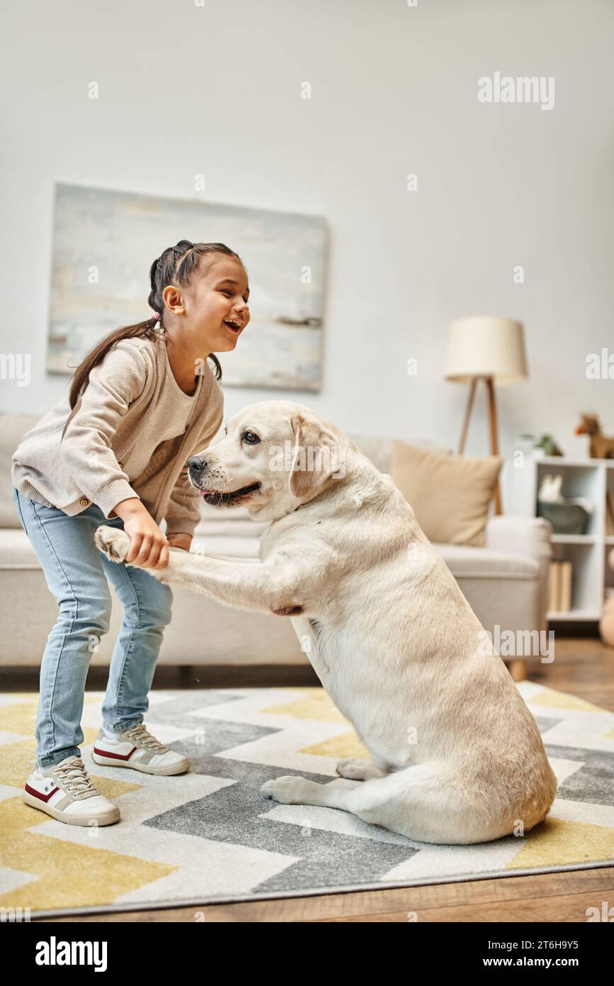 Fröhliches Mädchen in Freizeitkleidung Training labrador Graben und Lachen im modernen Wohnzimmer, Happy Moment Stockfoto