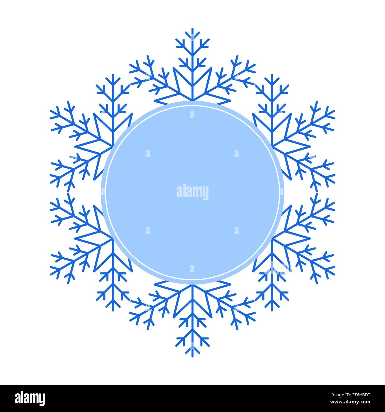 Runder Vector blauer Weihnachts-Winterrahmen aus Schneeflocke mit Platz für Text. Perfekter Copyspace für die Dekoration von sozialen Netzwerken, Fotos und Grußworten Stock Vektor