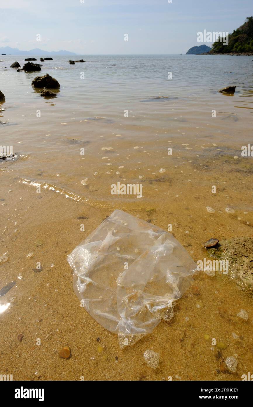 Eine am Strand angeschwemmte Platiktüte an der Mango Bay - Koh Bulon Le - Thailand, Januar 2020 *** Eine Platin-Tasche, die am Strand von Mango Bay Koh Bulon Le Thailand, Januar 2020 Credit: Imago/Alamy Live News Stockfoto