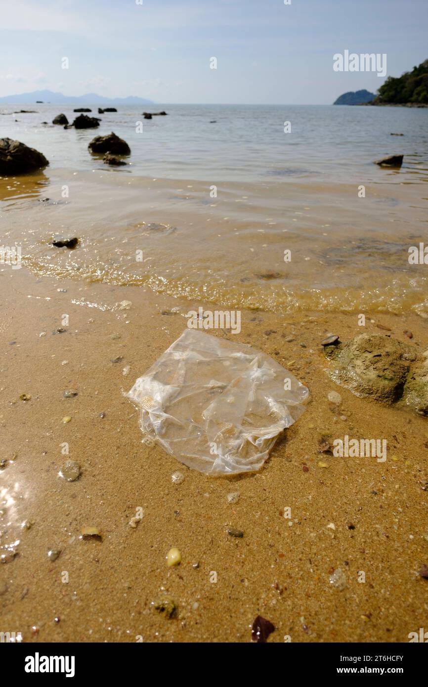 Eine am Strand angeschwemmte Platiktüte an der Mango Bay - Koh Bulon Le - Thailand, Januar 2020 *** Eine Platin-Tasche, die am Strand von Mango Bay Koh Bulon Le Thailand, Januar 2020 Credit: Imago/Alamy Live News Stockfoto