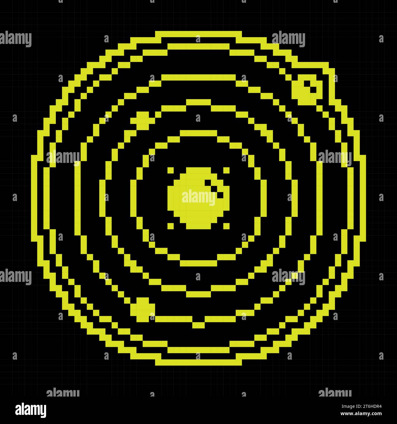 Symbol für Pixelsilhouette. Abstraktes Modell des Sonnensystems. Planeten drehen sich in Umlaufbahnen im Weltraum um Stern und Sonne. Einfacher schwarzer und gelber Vektor Stock Vektor Symbol für Pixelsilhouette. Abstraktes Modell des Sonnensystems. Planeten drehen sich in Umlaufbahnen im Weltraum um Stern und Sonne. Einfacher schwarzer und gelber Vektor Stock Vektor