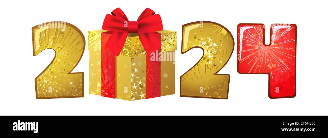 2024 glänzendes Websymbol mit goldener Geschenkbox. 3D-Grafikdesign. Happy New Year 20 24 kreative rote und goldene Nummer. Horizontale Grußkarte. Banner templ Stock Vektor