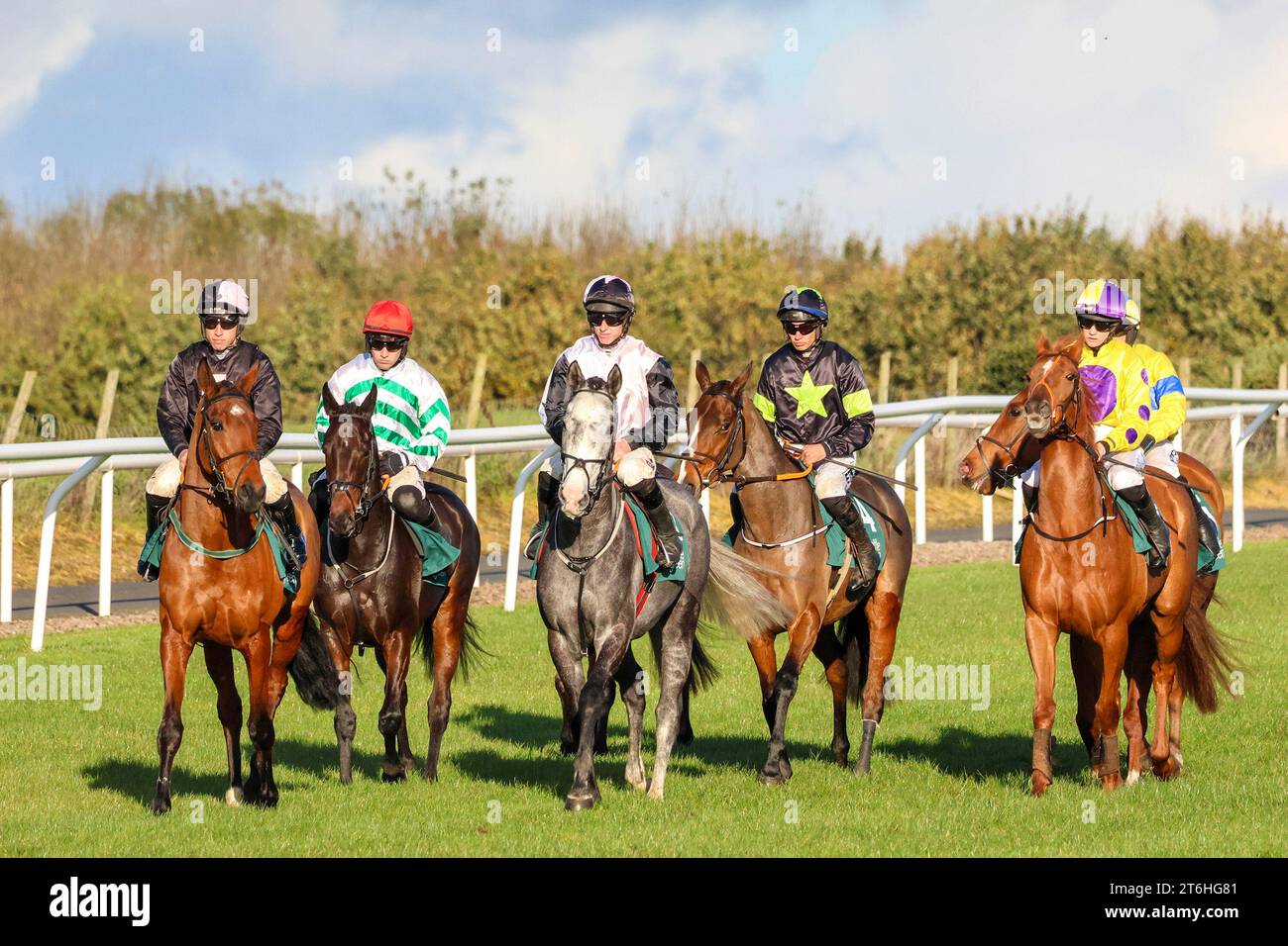 Die Royal Racecourse, Lisburn, Nordirland. November 2023. Das Ladbrokes Festival of Racing (Tag 1) begann heute nach der wetterbedingten Verschiebung der letzten Woche. Das Feature-Rennen des Tages war die BOTTLEGREEN HÜRDE (KLASSE 3) (4 Jahre+) mit 29.500 Euro für den Gewinner. Das Rennen gewann der Irish Point (1) (halb weiße, halb rosa Tunika), der von Jack Kennedy gefahren und von Gordon Elliott trainiert wurde. Quelle: CAZIMB/Alamy Live News. Stockfoto