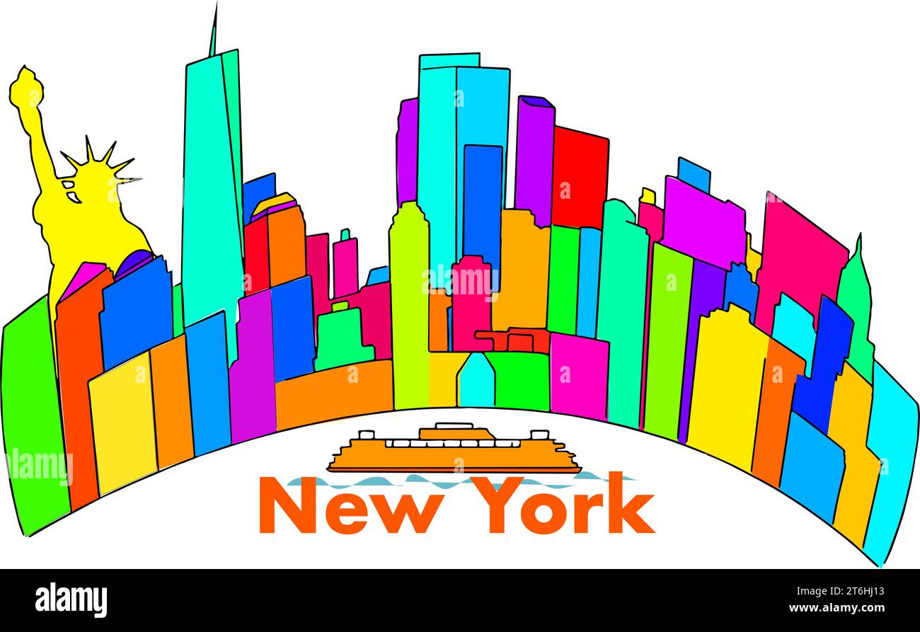 Farbenfrohe abstrakte Skyline von New York City mit Freiheitsstatue und Fähre Stock Vektor