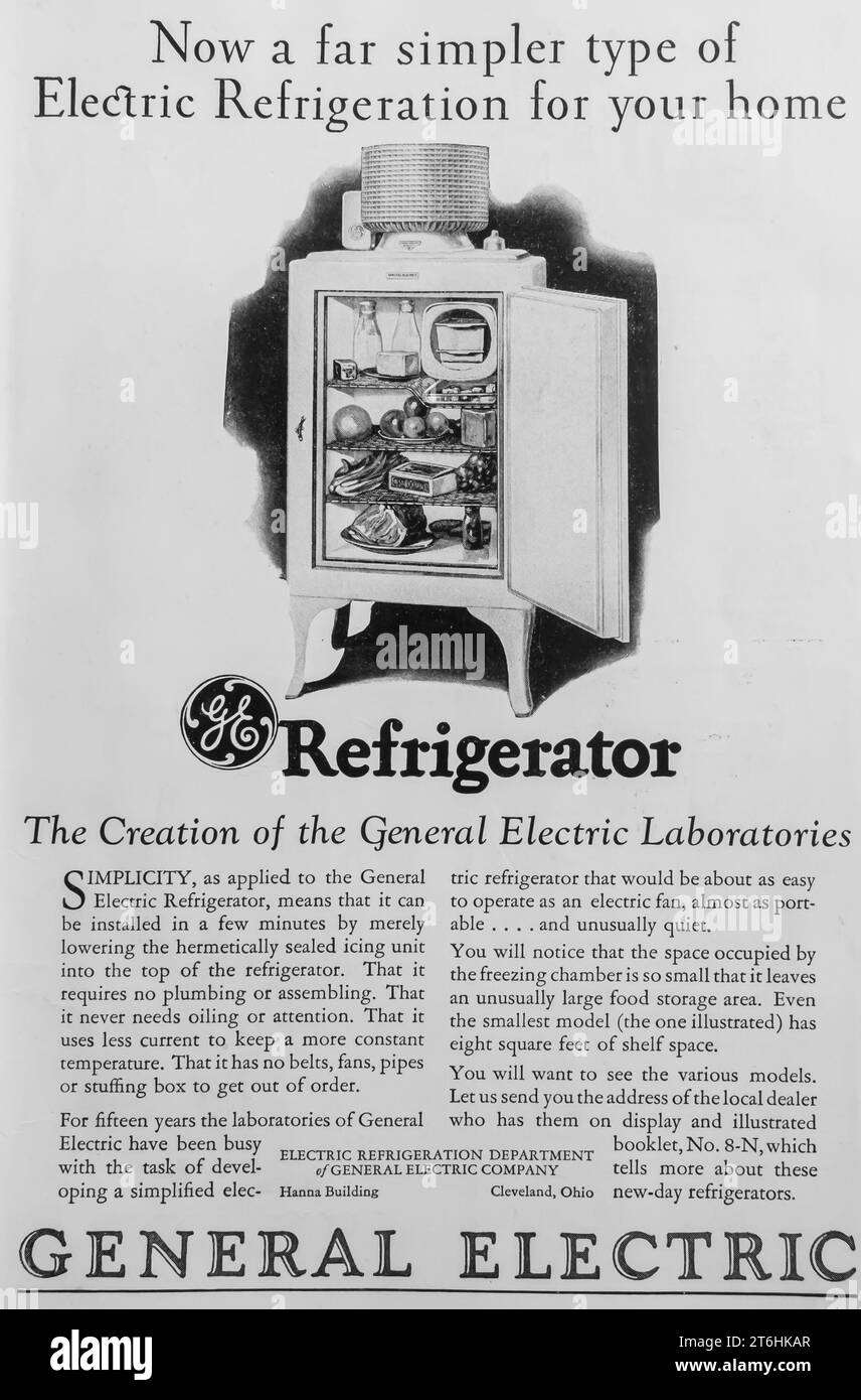 1927 Allgemeine Werbung Für Elektrische Kühlschränke Stockfoto