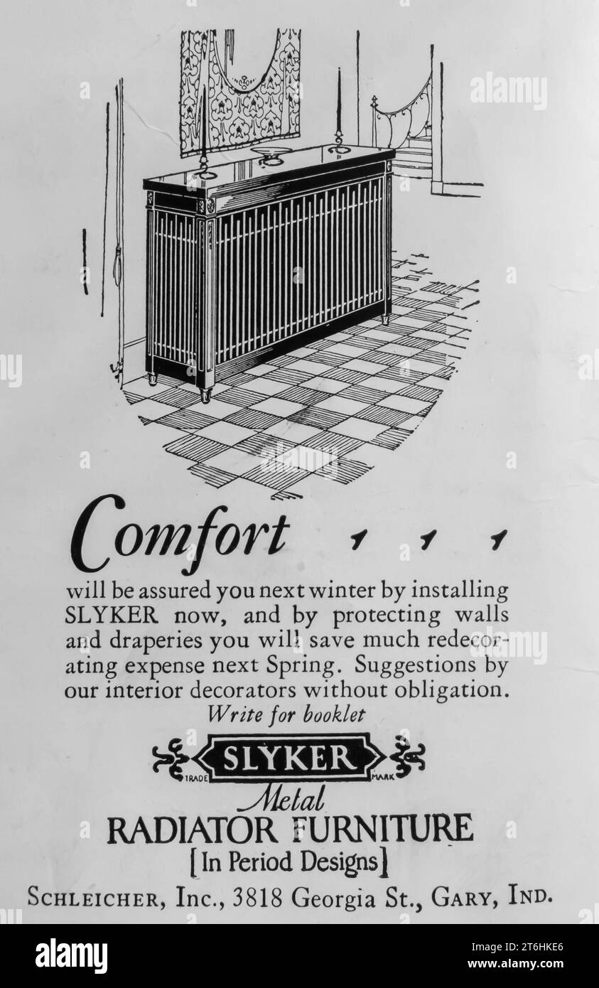 1927 Slyker Metal Radiator Möbel in der Zeitschriftenwerbung Stockfoto