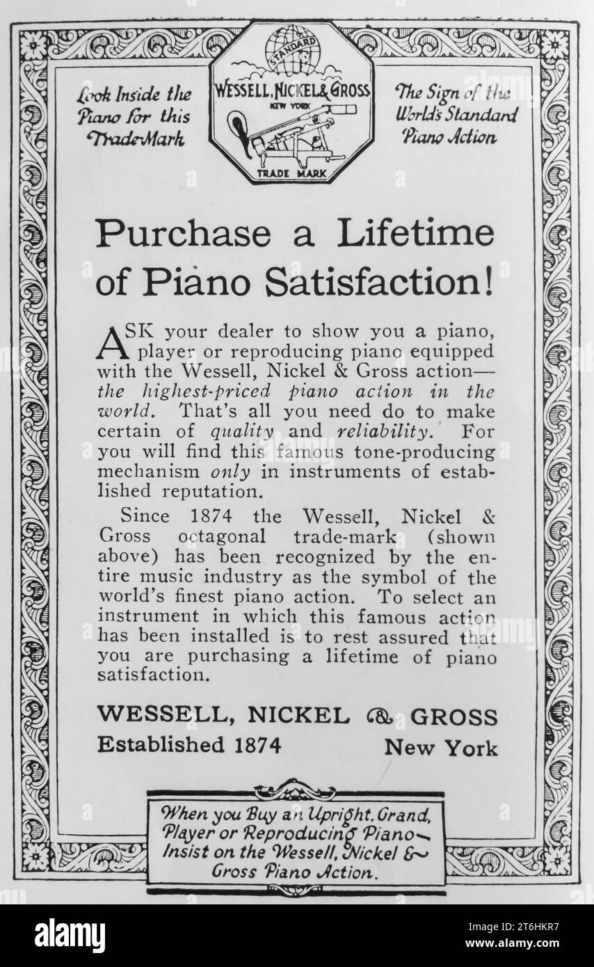 1927 Wessel, Nickel & Gross Piano-Action-Werbespot Stockfoto